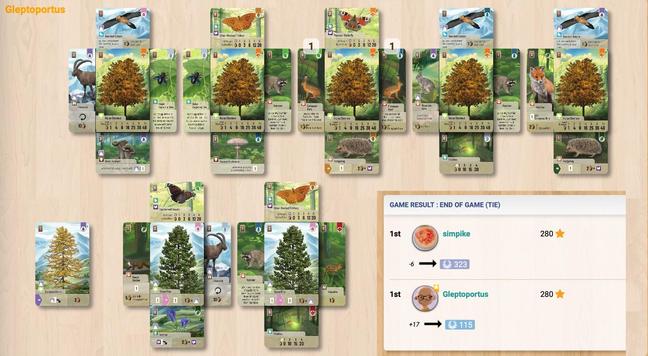 Screenshot of my final tableau in Forest Shuffle with final score overlay