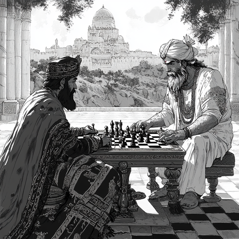a chess game between a perisan man and an indian man in the 6th century