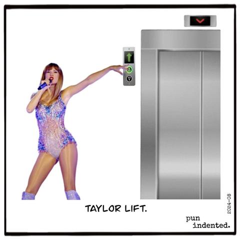 Ein Bild von Taylor Swift, die eine Taste am Aufzug drückt. Bildunterschrift : Taylor Lift.