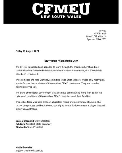 CFMEU NSW statement 
Friday 23rd August 2024 