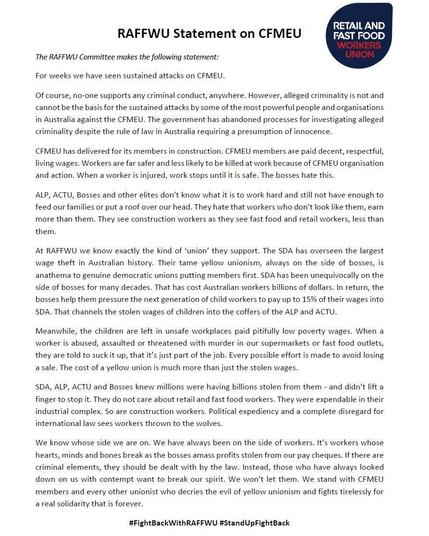 RAFFWU Statement on CFMEU 