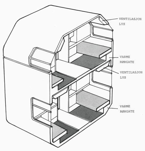 Exploded view on a night train couch. Note the compartment are on each side of an aisle.