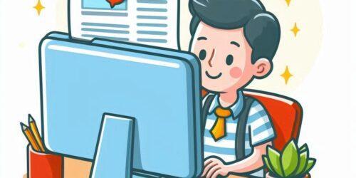Bing Image Creator with prompt: create me an image of me writing blog posts behind a computer. Make it a cartoon style