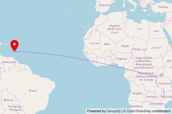 A map showing the great circle route from Kabarondo in Rwanda to a map pin at La Croix Seventh Day Adventist Church, Castries - Soufrière Highway, Coolie Town, Saint Lucia
