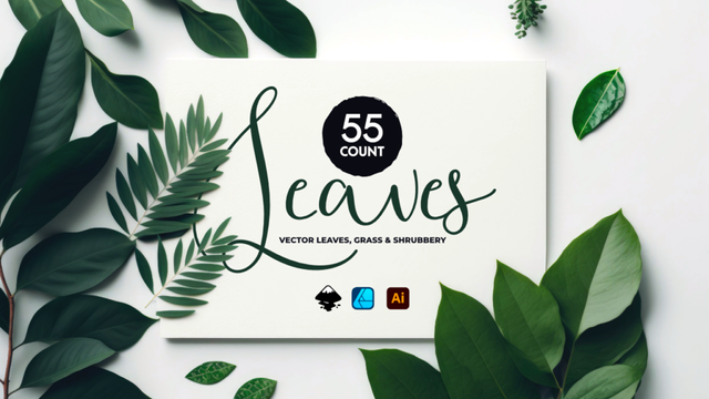 Black text surrounded by realistic leaves and below logos of Inkscape, Illustrator and Affinity Designer:
55 Count
Leaves
Vector Leaves, Grass & Shrubbery