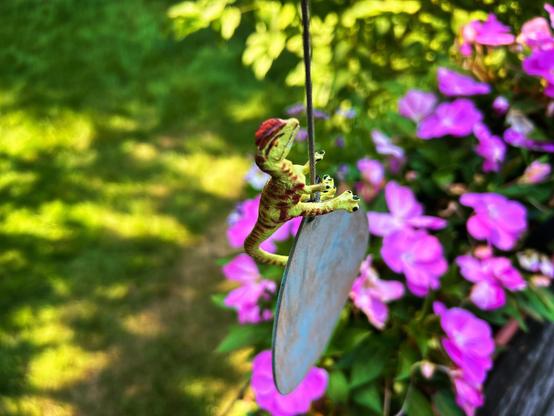 A green Dilophosaurus with brown spots dangles on a pendulum over distant pink flowers and a green meadow.