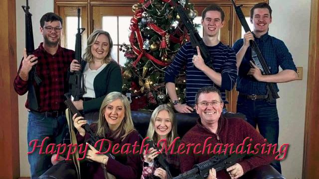 Memed-upon actual post of Kentucky Congressman Thomas Massie of him and family members holding what appear to be guns on a holiday card that was posted on Twitter