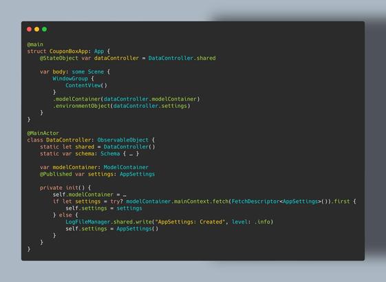 Code snippet displaying a SwiftUI application structure, including a main `App` struct and a `DataController` class for managing app settings and model container.