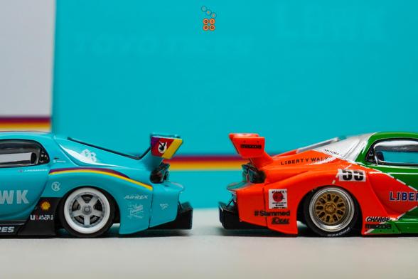 Mazda RX-7 FD3S, LB-Super Silhouette, Hobby Expo China 2024 Edition and a Renown livery one by iNNO64, both back to back in 1:64 scale with 1:64 figure on AREA 164