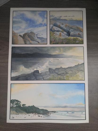 Four small landscape and seascape paintings laid out in comic-book-style panels on a single sheet of watercolor paper. Each panel is of a different coastal setting, each at various times of the day and with varying weather.