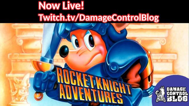 Game cover Rocket Knight Adventures. Sparkster, a possum wearing blue armor, a jetpack, and goggles holds a sword in hand. He has a serious, almost angry expression on his face.