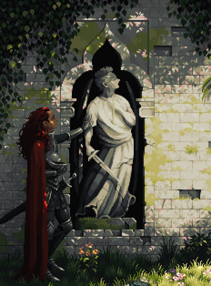 A white brick wall covered in cracks, vines and moss. In an center alcove is a statue of a male angel with a sword in his right hand, and a necklace in his left which is brought to his chest. 
On the left of the statue is a black-armored knight with his helmet removed to show long, red, curly hair. The black knight is looking wistfully at the angel statue and touching its sword arm.