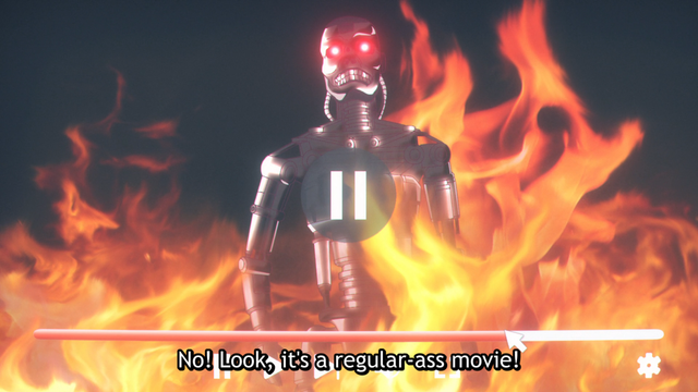 A video player clicked to a moment showing a robot with red eyes surrounded by flames. A subtitle reads, “No! Look, it’s a regular-ass movie!”