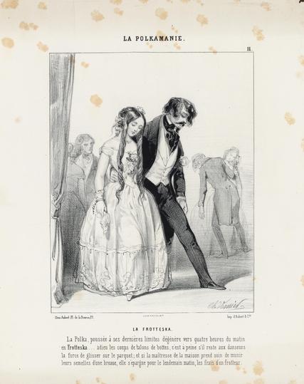 “La Polkamanie, La Frotteska” one of a series of lithographs from the 1840s from the original European “polkamania” dance fad. Shows a pair of bedraggled dancers in  fancy male and female dress, moving tiredly off the dance floor in disarray. 