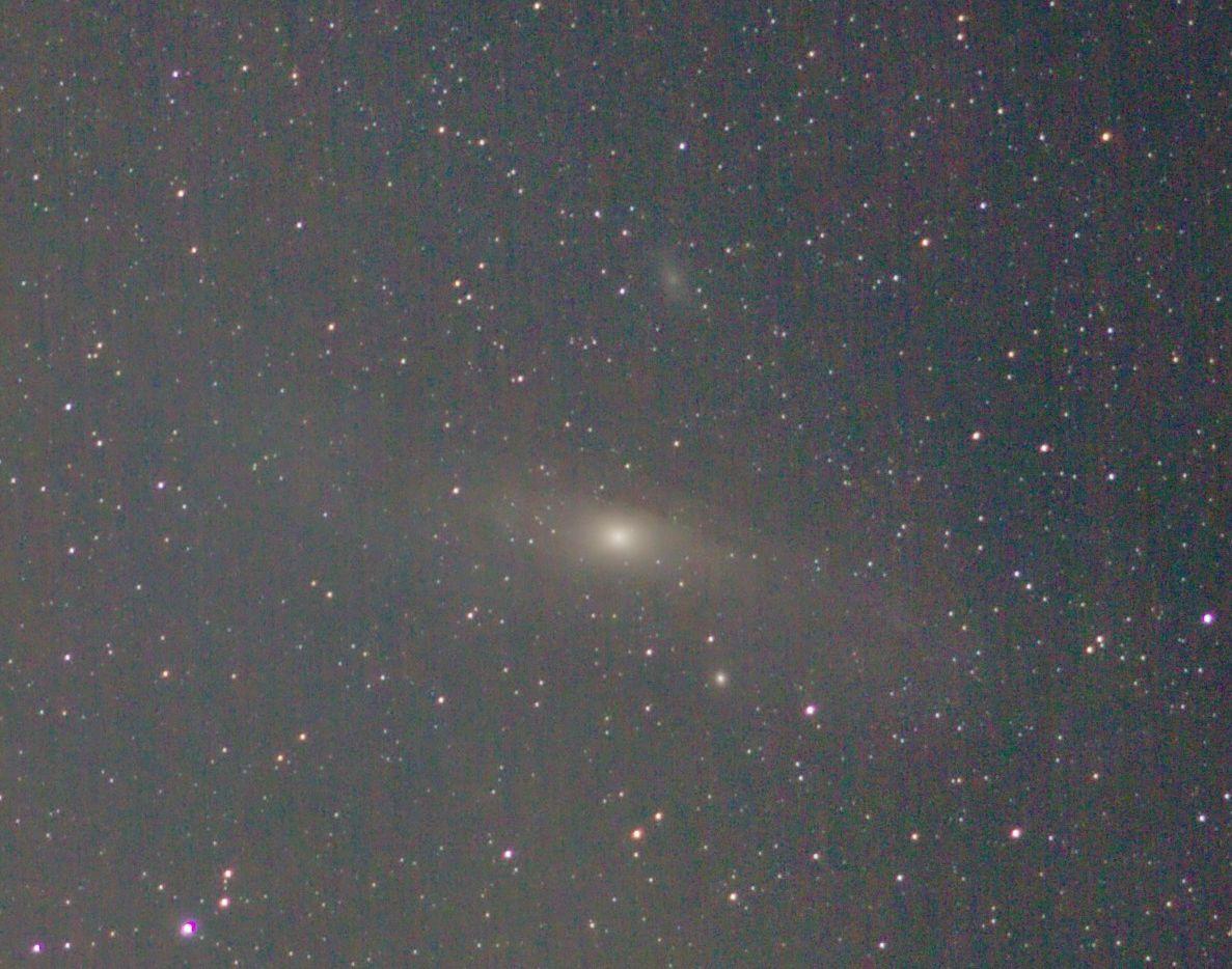 The Andromeda galaxy at centre also with satellite galaxies and numerous star dots. 