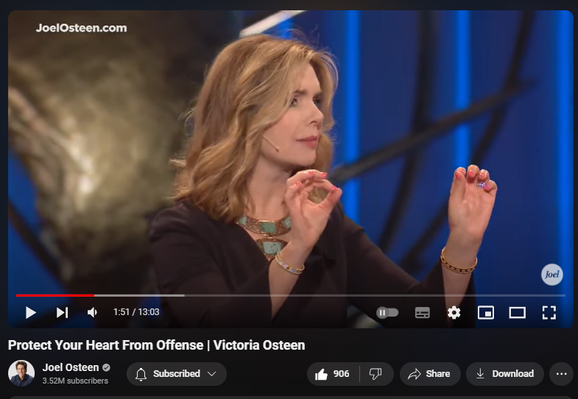 https://www.youtube.com/watch?v=6SyH54THAvM
Protect Your Heart From Offense | Victoria Osteen

7,298 views  24 Aug 2024
Offenses may come, but we have to decide whether or not to hold onto them. When you let go of the offense and put it into the hands of God, you're making way for the new things He wants to do in your life.