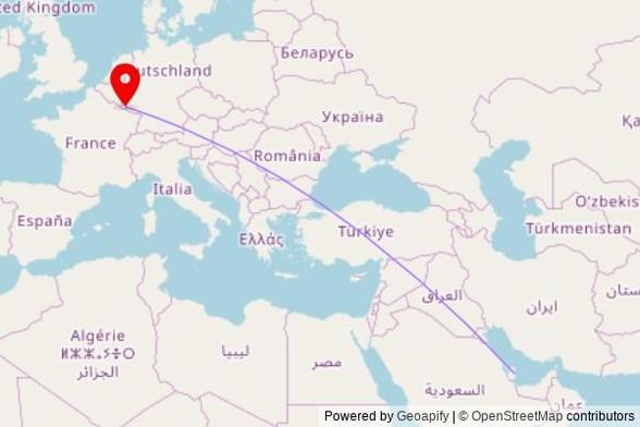 A map showing the great circle route from Doha in Qatar to a map pin at Chapelle du Christ-Roi, 23 Avenue Gaston Diderich, 1420 Luxembourg, Luxembourg