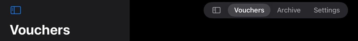 A user interface screenshot displaying a menu with two sidebar buttons and options for "Vouchers," "Archive," and "Settings," against a dark background.