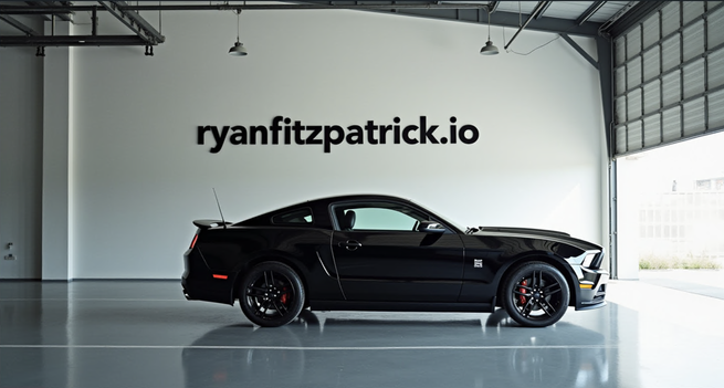 ford mustang with website url written on the wall above "ryanfitzpatrick.io"