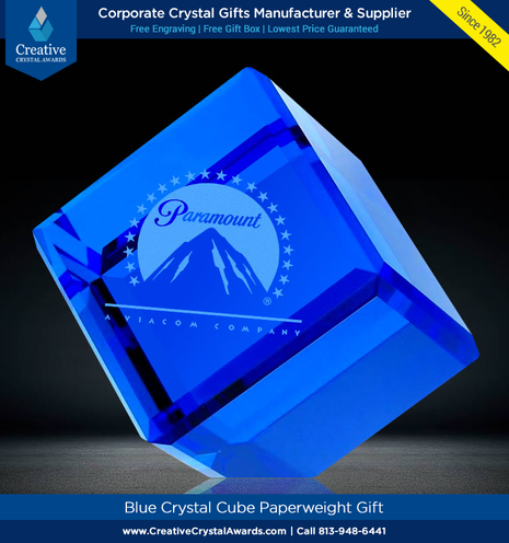Blue crystal cube paperweight gift, cube crystal paperweight, engraved crystal paperweight, optical crystal paperweight award, glass paperweight, crystal desk paperweight, crystal office gift, crystal promotional gift, crystal promotional paperweight, crystal paperweight gift award, corporate gift, wholesale crystal gift supplier in USA