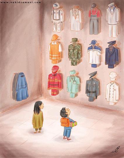 Bild gemalt von Nahid Zamani, Afghanin www.nahidzamani.com
An einer Wand hängen viele bunte  Uniformen für verschiedene Berufe.
An der anderen Wand hängt nur eine blaue Burka.
Im Raum stehend betrachtet ein Schuljunge die Uniformen, das Mädchen daneben blickt über ihre Schulter zu dem Jungen und betrachtet ihn und seinen Schulranzen. Sie trägt keinen Schulranzen.