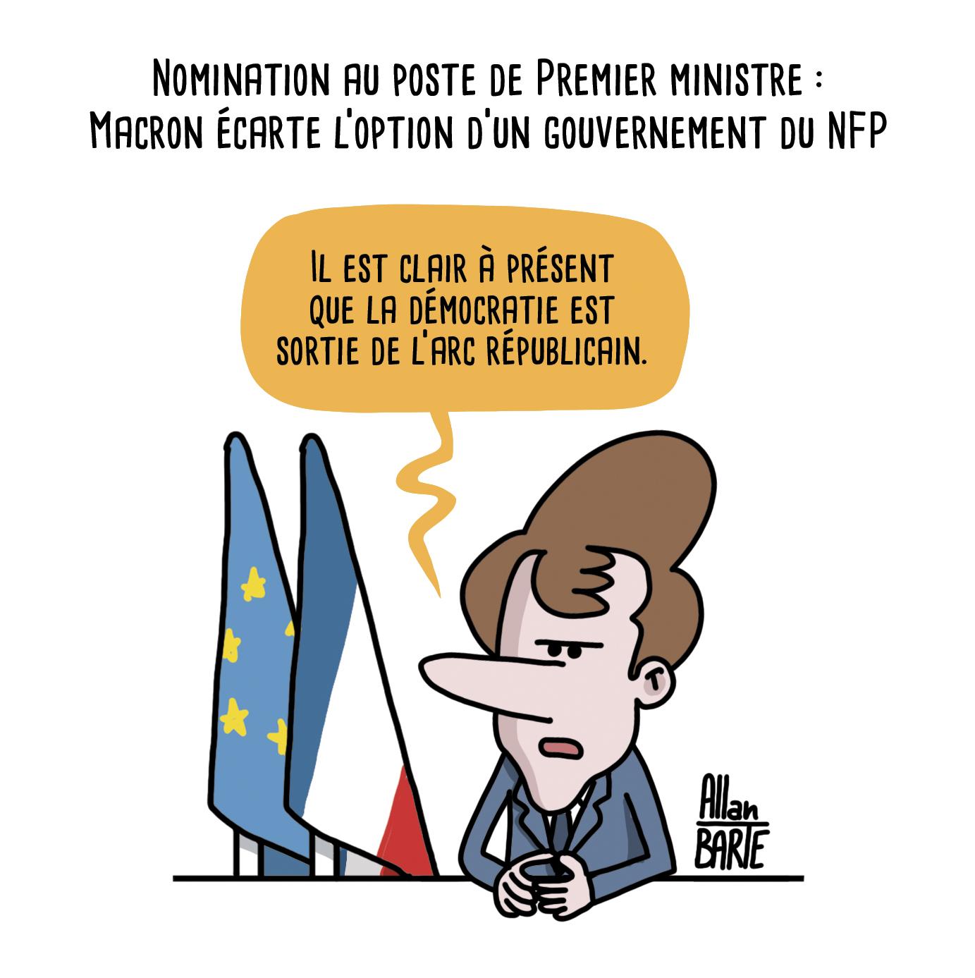 Titre : Nomination au poste de Premier ministre :
Macron écarte l'option d'un gouvernement du NFP

Macron, flanqué des drapeaux français et européen, l'air grave et solennel :
- Il est clair à présent que la démocratie est sortie de l’arc républicain.