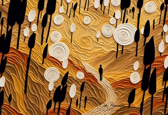 A digitally painted image from a photograph showing a solitary figure walking along a winding path through an abstract forest. The forest features bold black trees and swirling golden and beige landscapes with circular white floral elements. This surreal artwork, based on a photograph, is ideal as wall art or on various products, adding a touch of abstract beauty to any space.  Image at:   https://beautifulsunphotography.com/featured/journey-through-the-abstract-forest-deb-beausoleil.html  See more art & blog at: https://beautifulsunphotography.com/ https://debbeautifulsunphotography.com/ https://www.zazzle.com/store/beautifulsun_designs https://debbeausoleil.com https://www.artpal.com/BeautifulSun/
