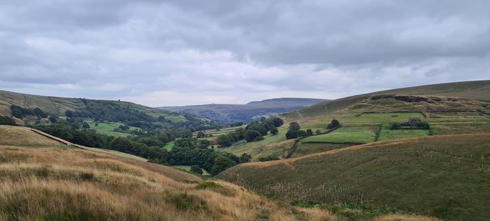 A moorland landscape. Hills on either side of the image fall off into a green valley winding a curve through the middle of the picture. The hills are covered in yellowed vegetation (the summer grasses run to seed) but the valley is still green, with trees still in full leaf.