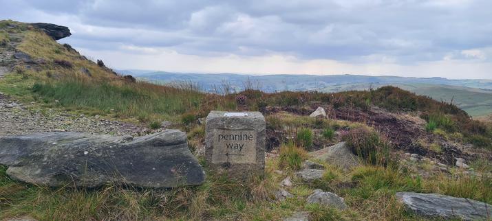 A stone waymark reading "Pennine Way" with an arrow pointing to the left. The waymarker is a stone block, around 50cm tall. It sits amidst a scrubby moorland landscape, littered with rocks.
