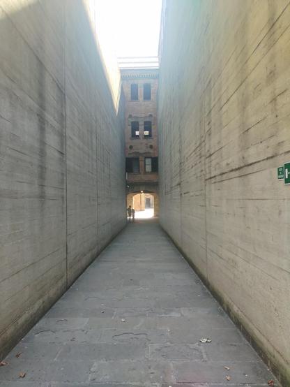 Entrada a la Risa de San Sabba.
Dos paredes muy altas que forman un pasillo estrecho sin techo. El final del pasillo es a través de un pasaje bajo una torre de estilo industrial.