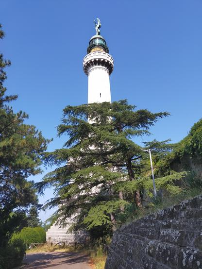 Contrapicado del Faro de la Victoria de Trieste. Hay un árbol cubre la mitad inferior del faro.