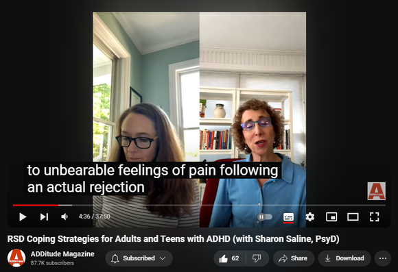 https://www.youtube.com/watch?v=7jOD8byyC-I
RSD Coping Strategies for Adults and Teens with ADHD (with Sharon Saline, PsyD)


1,148 views  Streamed live on 21 Aug 2024  #adhd #rsd
RSD is an extreme emotional sensitivity to pain triggered by the perception that a person has been rejected or criticized by people in their life. Here, learn how to work through feelings of RSD in real time with @DrSharonSaline.