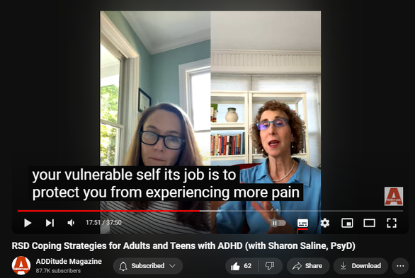 https://www.youtube.com/watch?v=7jOD8byyC-I
RSD Coping Strategies for Adults and Teens with ADHD (with Sharon Saline, PsyD)
1,148 views  Streamed live on 21 Aug 2024  #adhd #rsd
RSD is an extreme emotional sensitivity to pain triggered by the perception that a person has been rejected or criticized by people in their life. Here, learn how to work through feelings of RSD in real time with @DrSharonSaline.