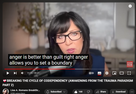 https://www.youtube.com/watch?v=B4AH9uvd1O8
❤️‍🩹BREAKING THE CYCLE OF CODEPENDENCY (AWAKENING FROM THE TRAUMA PARADIGM PART 2)
2,005 views  23 Aug 2024  Codependency Recovery Podcast: Breaking Free of Codependency For Good
#codependencyrecovery #codependency #codependentnomore  Breaking the cycle of codependency is like awakening from the trauma paradigm. If you are the adult child of an alcoholic or narcissistic parent, or if you experienced emotional abuse or emotional neglect, you undoubtedly have suffered from living in survival mode, below the veil of consciousness, acting out faulty subconscious childhood patterns, and may not have even realized it. 

In this YouTube video, you will hear from Lisa A. Romano, certified Life Coach, award winning author and codependency expert, on how to heal your life through her compassion-based, wholistic, mindful and conscious approach to breaking free from the paradigms of codependency. Each week, during Lisa's live 12 Week Program, she delivers live group calls Q&A style, where she answers her students questions live. This is part 2 of the Breaking the Cyle of Codependency. 

We hope that you enjoy this video on codependency recovery, and become inspired to understand that childhood trauma represents a state of consciousness that can be expanded and overcome.