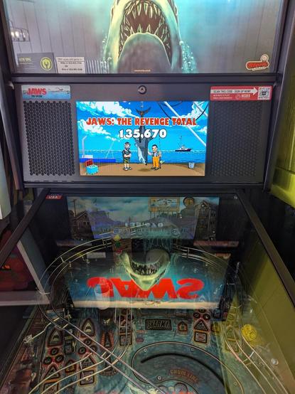 The new video game pinball hybrid mode on Jaws, from Stern 2023.