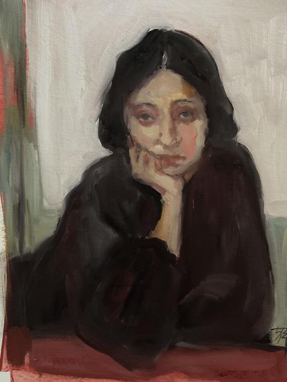 White woman with dark hair wearing dark top leaning her chin on one hand. Behind is white, green and a red earth color blocked background. Painted realistically but very loosely.