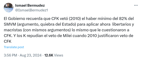 «El Gobierno recuerda que CFK vetó (2010) el haber mínimo del 82% del SMVM (argumento, quiebra del Estado) para aplicar ahora  libertarios y macristas (con mismos argumentos) lo mismo que le cuestionaron a CFK. Y los K repudian el veto de Milei cuando 2010 justificaron veto de CFK»