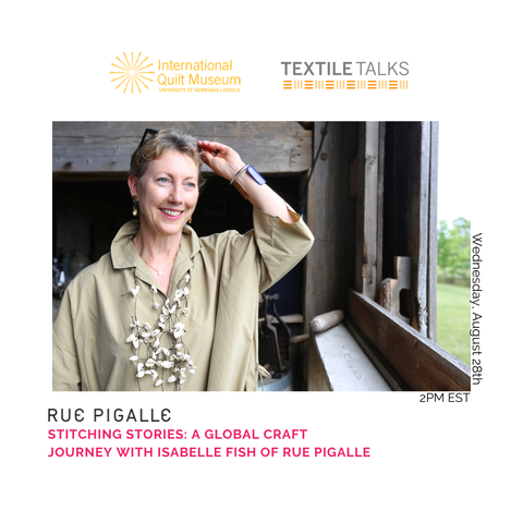 Promo slide for the lecture, with a photo of a smiling white woman wearing textile jewelry (not sure) in a barn. Slide text is in post.
