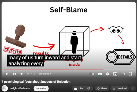 https://www.youtube.com/watch?v=bphXcQErIK8
7 psychological facts about impacts of Rejection

12 views  23 Aug 2024
Title: 7 impacts of rejection on human behaviour and health 

Description:
Discover the profound psychological impacts of rejection and how it shapes our mental health. In this video, we delve into the science behind emotional pain, social rejection, and coping mechanisms. Learn fascinating psychology facts and gain insights into how to deal with rejection effectively. 🧠💔

-- TIMESTAMPS --
00:00 Self-Esteem
00:31 Anger
01:09 Loneliness
01:40 Over-Thinking
02:15 Fear Response
02:58 Self-Blame
03:35 Identity Crisis

Research Attribution: 
https://en.wikipedia.org/wiki/Rejection