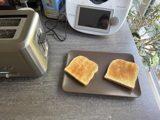 Sage Toaster and some toasted white bread. 