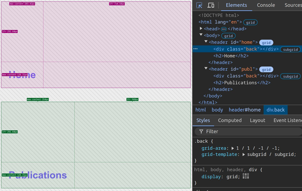 Screenshot showing the grids highlighted via DevTools. The width of the first column is given by the amount of text content inside the heading.