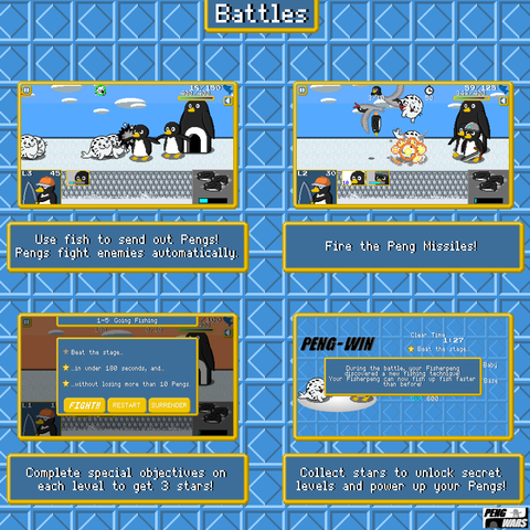 images with texts on a blue background titled "Battles". The first image of Peng wars with the Pengs doing battle with the seals. The UI is visable and you can see the fisher peng who supplies your troops with fish, where you click to deploy your next peng, and the peng missles currently being charged (more on that in the next image). It reads "Use fish to send out Pengs! Pengs fight enemies automatically." the next image is a bunch of enemies getting hit by peng missles (missles in the shape of penguins) it reads "fire the peng missiles". the third image is the end of the match with a screen that popped up with objectives to achieve for that map. It reads "complete special objectives on each level to get 3 stars!" the final image is the win screen with how many stars the player got. It reads "collect stars to unlock secret levels and power up your pengs!" 