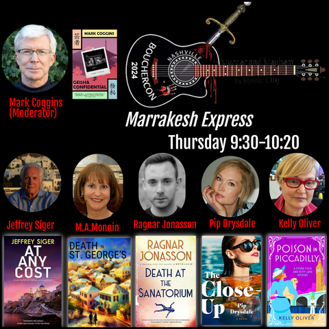 Graphic featuring headshots and sample books of the "Marrakesh Express" panel at the 2024 Bouchercon.