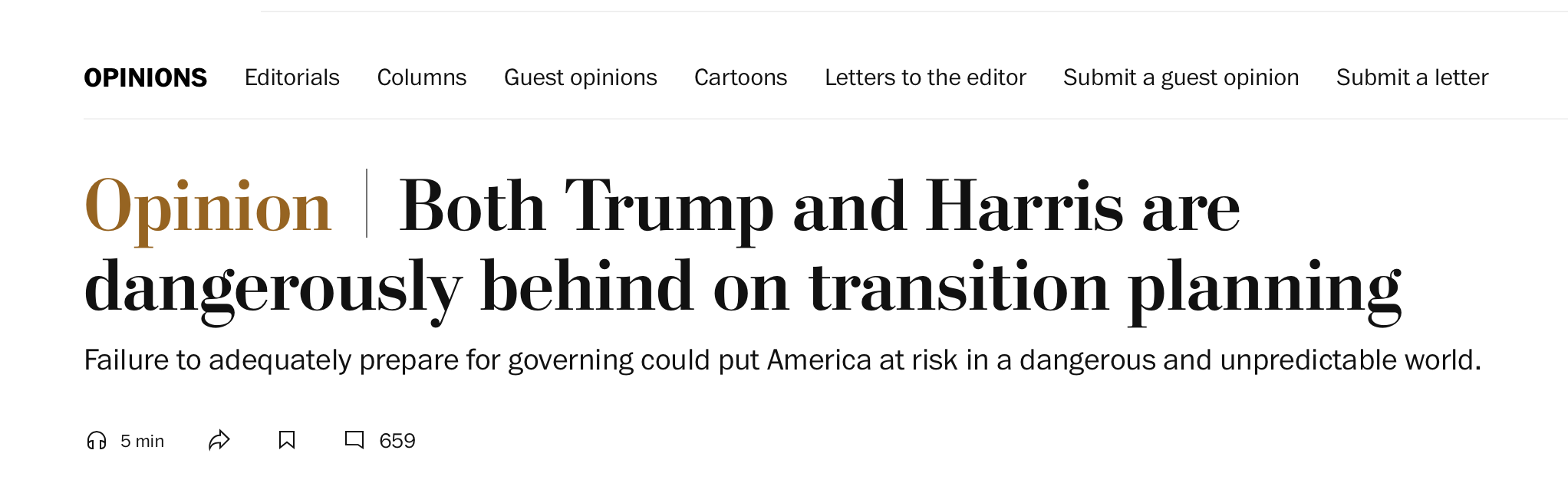 Both Trump and Harris are
dangerously behind on transition planning
Failure to adequately prepare for governing could put America at risk in a dangerous and unpredictable world.