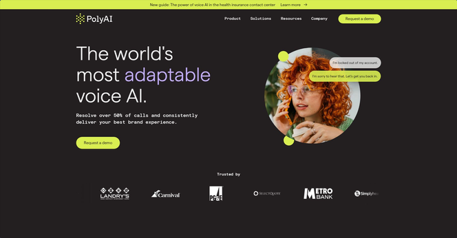A screenshot of the poly.ai website. In the middle of the screen it says "The world's most adaptable voice AI." The "adaptable" changes to things like dynamic, engaging, and lifelike.