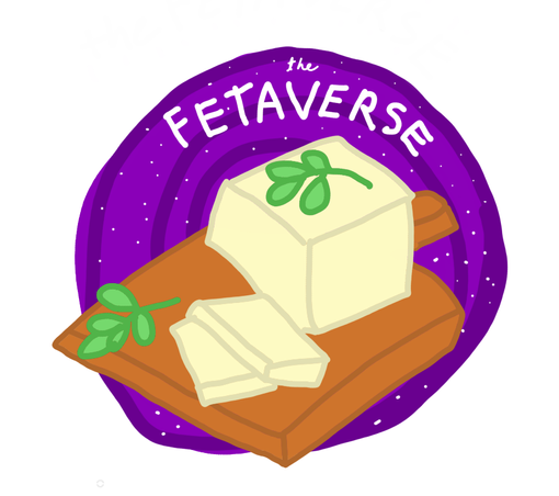 A drawing of a piece of feta cheese on a cheese board, with sprigs of green leaves on it. In the background is a swirly purple universe with little white dots for stars. Text reads "the FETAVERSE".