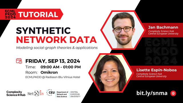 Announcement. Tutorial on "Synthetic Network Data: Modeling social-graph theories and applications" colocated with ECMLPKDD in Vilnius next September 13, 2024 from 9am to 1pm in room Omikron.

On the right of the image: Headshot of the organizers/tutors: Jan Bachmann (top) and Lisette Espín-Noboa (bottom).

URL of the tutorial's website: bit.ly/snma

Bottom: Logos of the organizers' affiliations: Complexity Science Hub, Network Inequality Group, Department of Network and Data Science at Central European University.