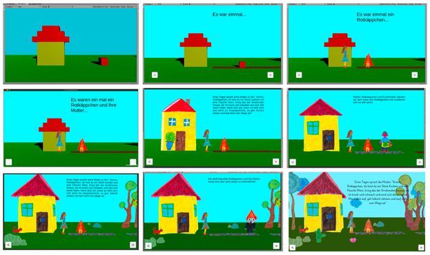 9 pictures from the development process of the game "In etwa Rotkäppchen". All images show the same scene of the game in different versions, from the first blockout to the last final version.