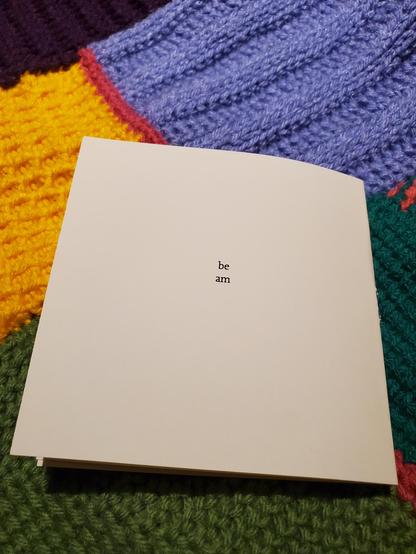 Special edition poetry chapbook FO/UR by Jo Ianni (Apt 9 Press) sits atop a colourful crocheted afghan, open to an interior page (be/am)