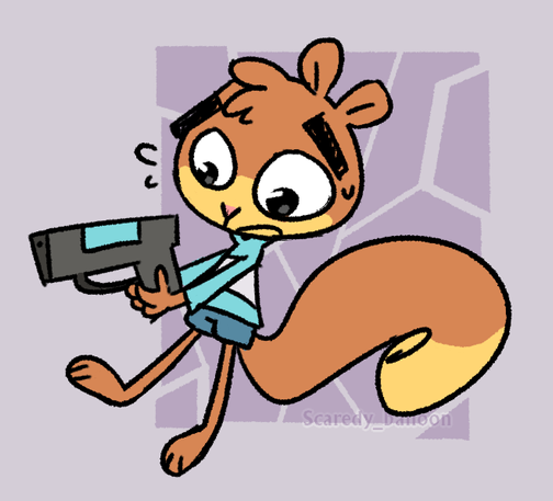 Tv show Scaredy Squirrel looking panicked holding an oversized gun, the background is meant to look kind of like glass breaking.